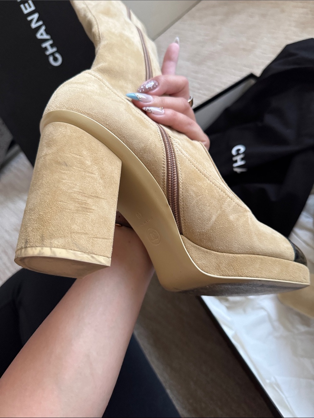 CHANEL Beige Suede Tall Boots with Platform Heel - Picture 5 of 11